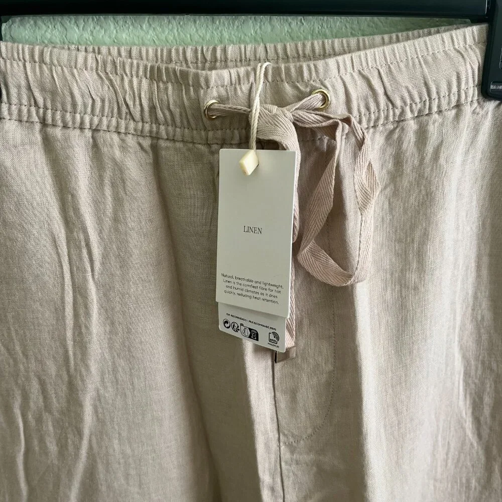 Mango MNG NWT 100% Linen Straight Pants Summer Elastic Waist Drawstring Size 1XL